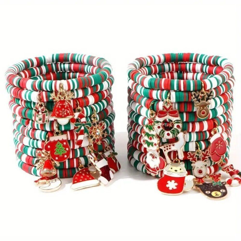 Random 10pcs Bohemian Style Christmas Heishi Adjustable Elastic Bracelet Set